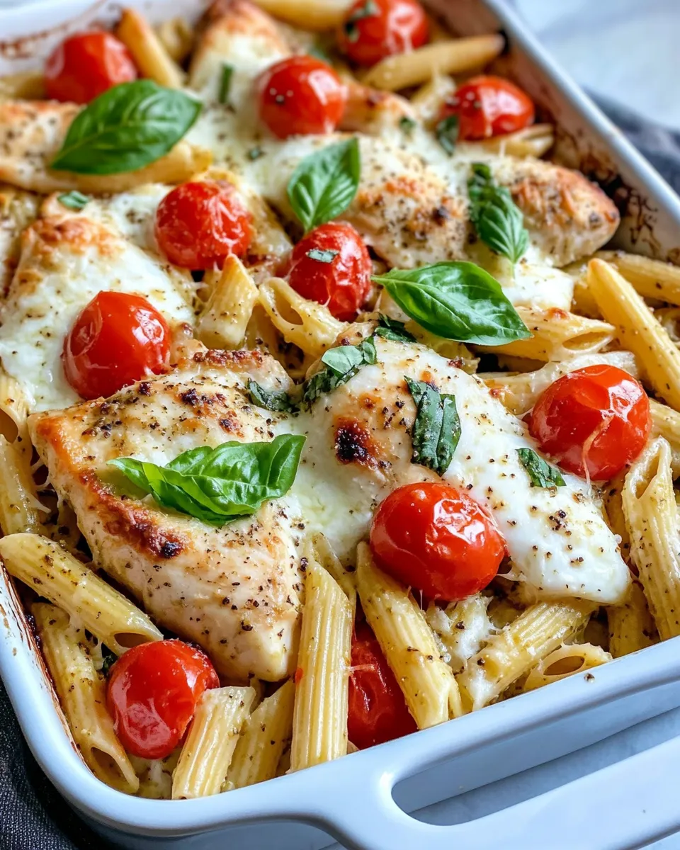 Delicious Caprese Chicken Pesto Pasta Bake food shot