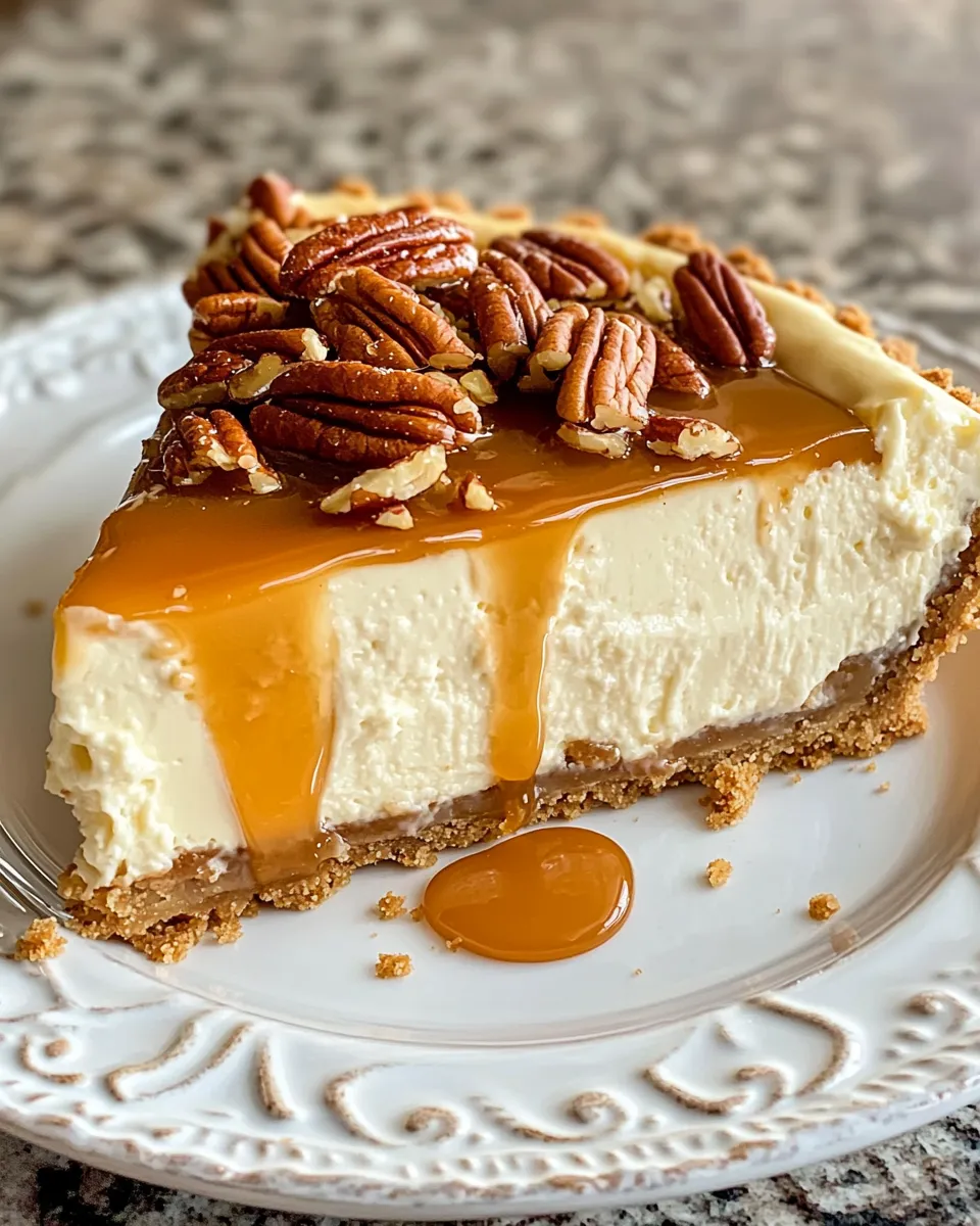 Easy Caramel Pecan Cheesecake Pie food shot