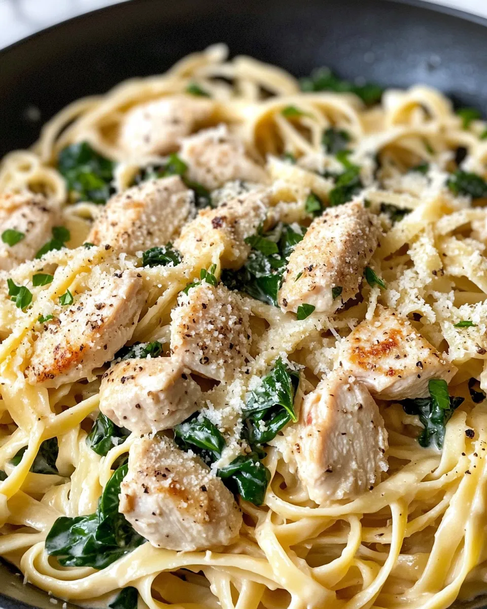 Classic Cheesy Chicken Spinach Alfredo Pasta dish photo
