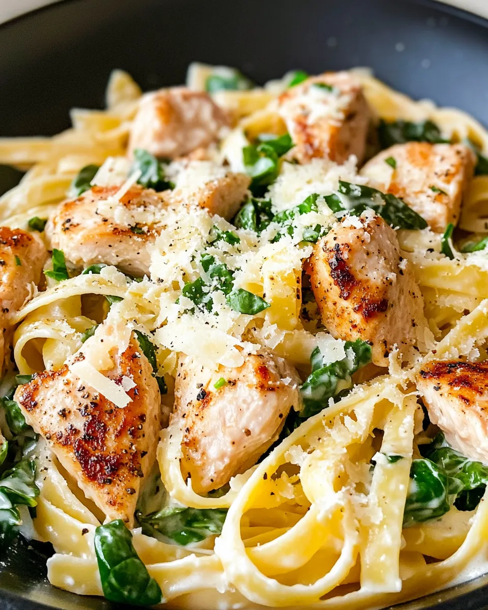 Easy Cheesy Chicken Spinach Alfredo Pasta food shot
