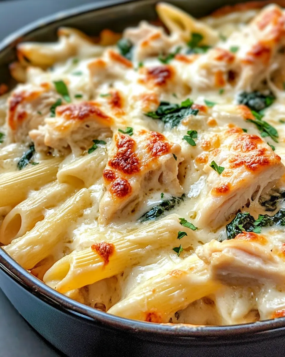 Easy Cheesy Chicken & Spinach Alfredo Bake food shot