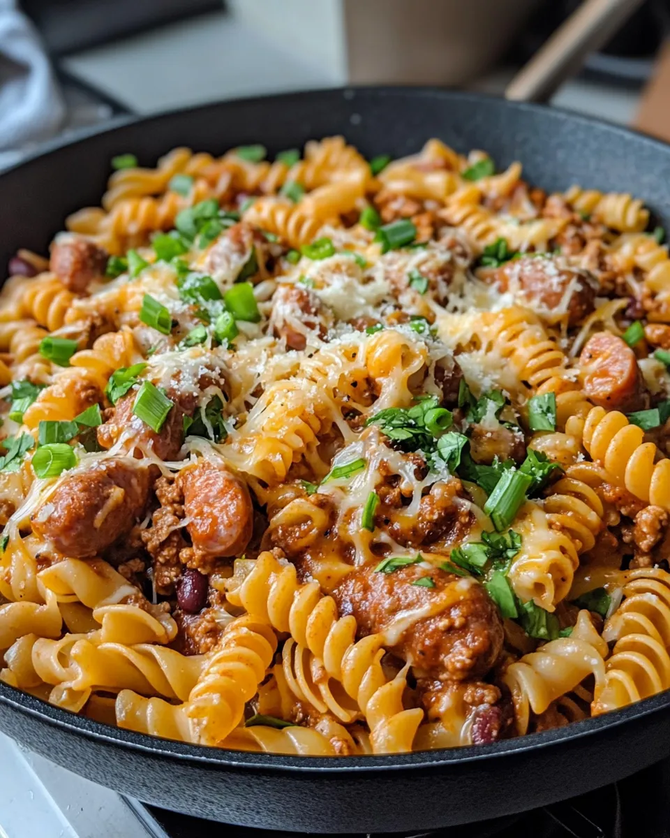 Delicious Cheesy Chili Cheese Dog Pasta plate image