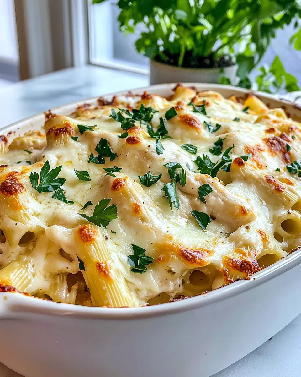 Delicious Cheesy Garlic Chicken Pasta Bake shot