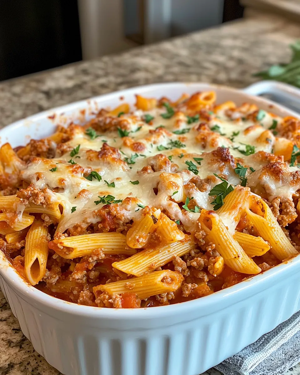 Delicious Cheesy Ground Turkey Pasta Casserole plate image