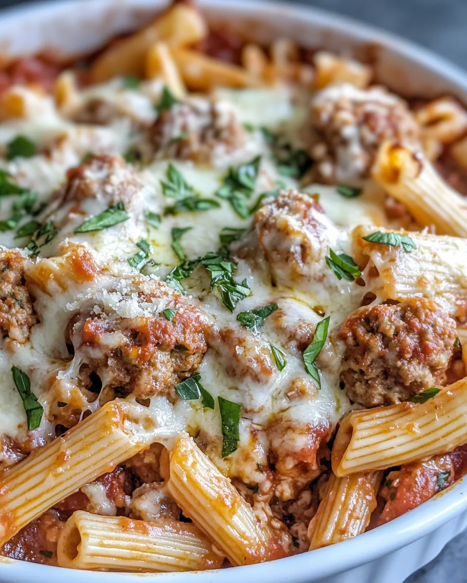 Easy Cheesy Meatball Sub Pasta Bake food shot