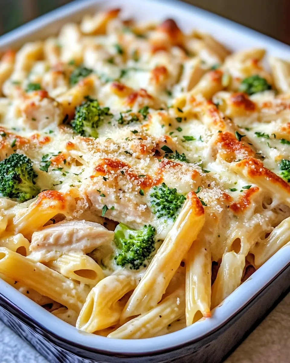 Delicious Chicken Alfredo Pizza Pasta Bake food shot