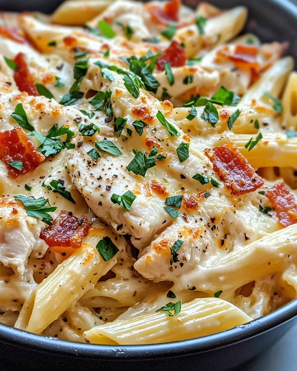 Classic Chicken Bacon Alfredo Baked Pasta dish photo