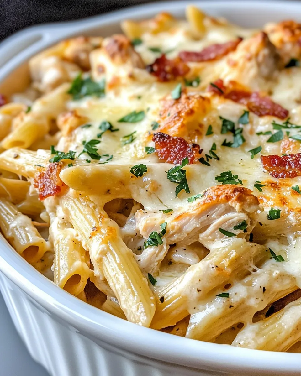 Easy Chicken Bacon Alfredo Baked Pasta food shot