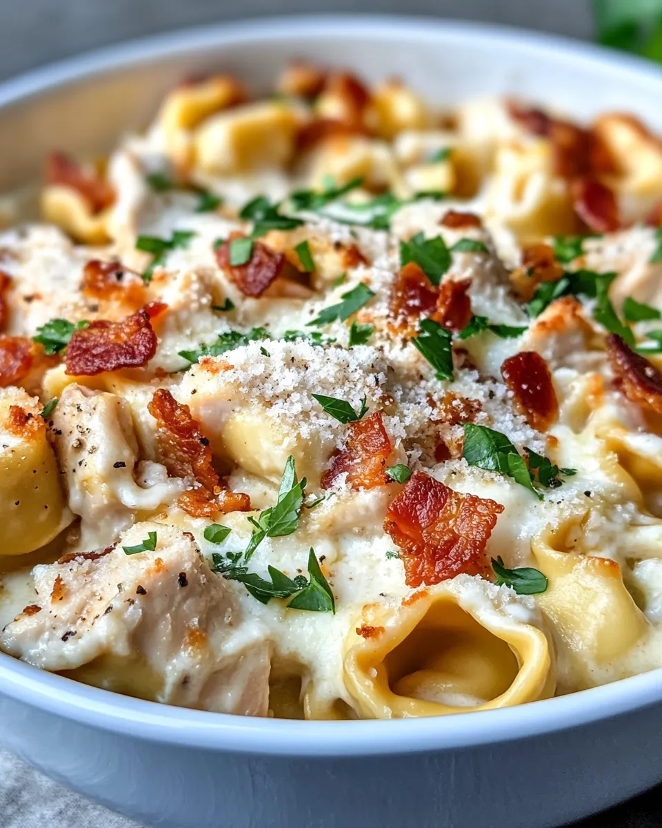 Classic Chicken Bacon Alfredo Tortellini Bake dish photo