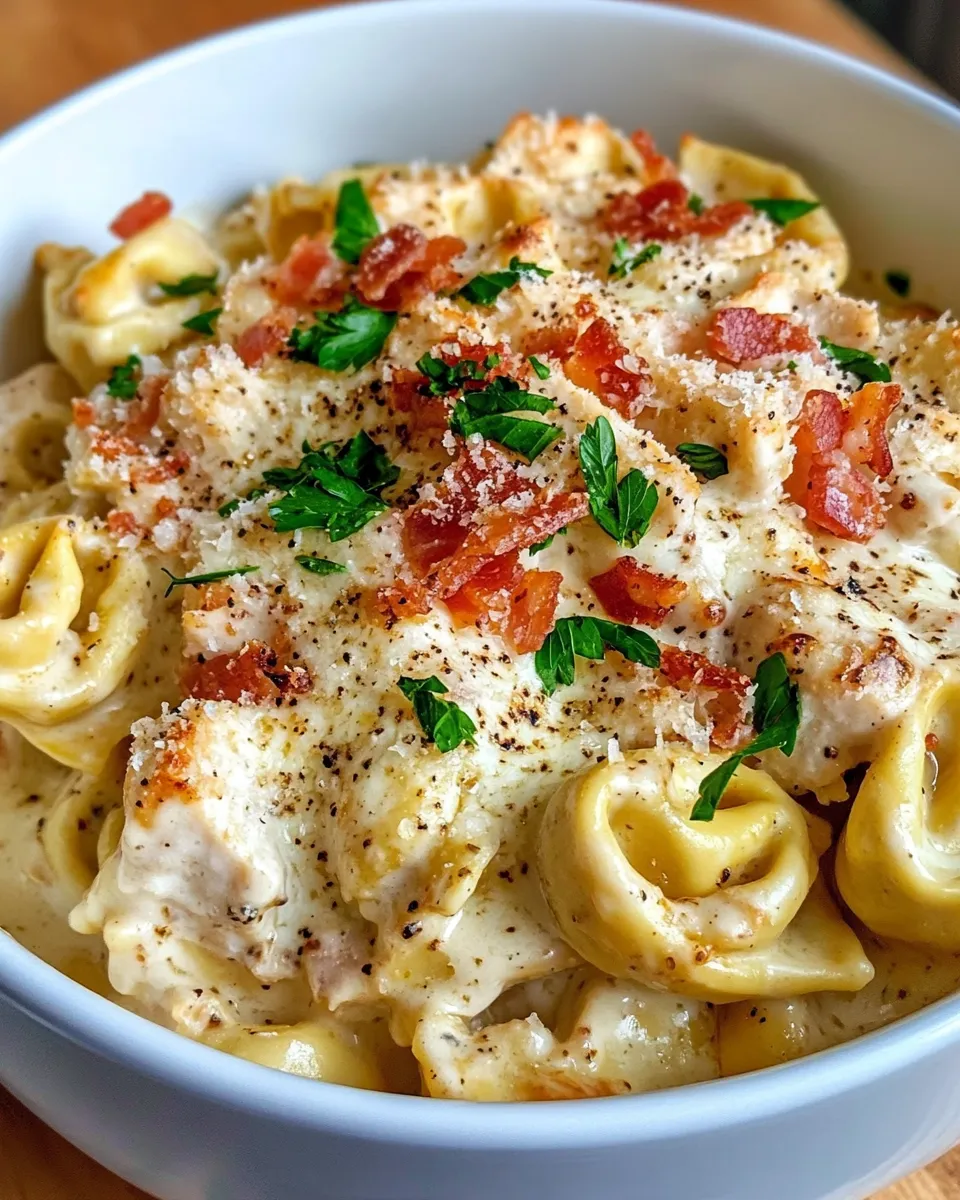 Easy Chicken Bacon Alfredo Tortellini Bake food shot