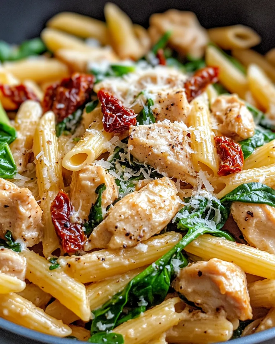 Delicious Chicken Spinach Sun-Dried Tomato Pasta plate image