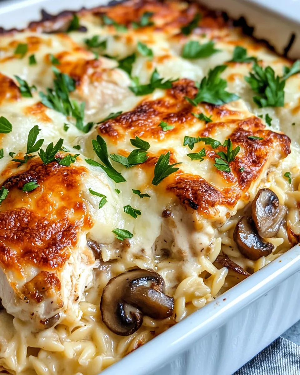 Classic Creamy Chicken Mushroom Orzo Bake dish photo