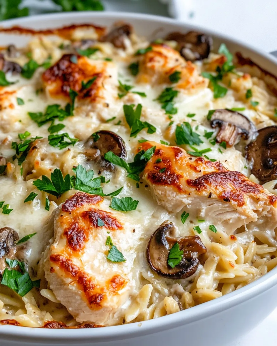 Easy Creamy Chicken Mushroom Orzo Bake food shot