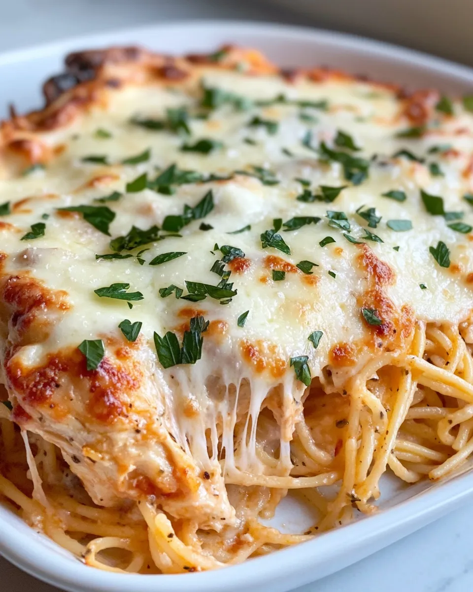 Easy Creamy Chicken Parmesan Spaghetti Pie dish photo