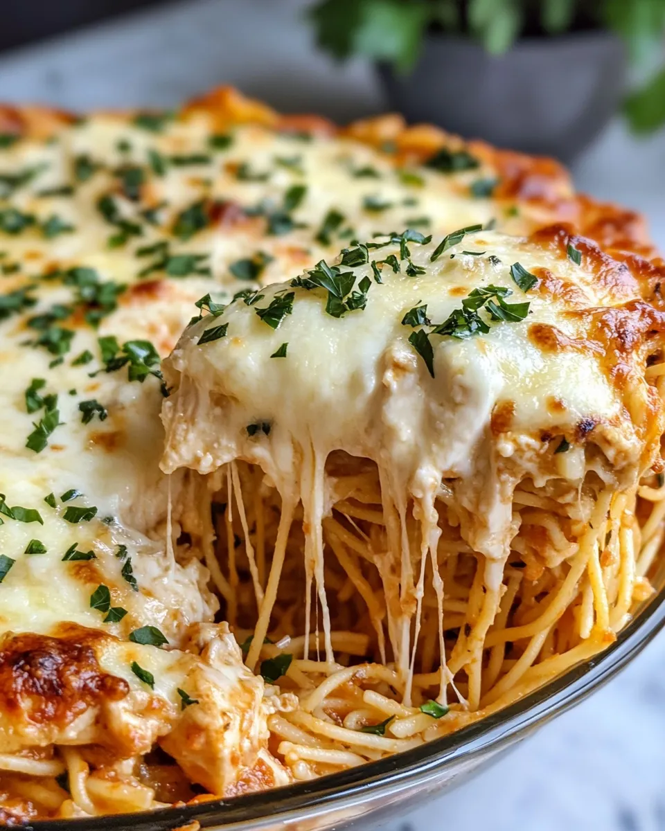 Delicious Creamy Chicken Parmesan Spaghetti Pie food shot