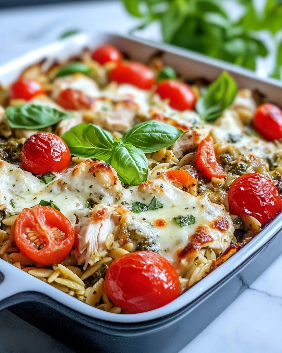 Easy Creamy Chicken Pesto Orzo Bake food shot