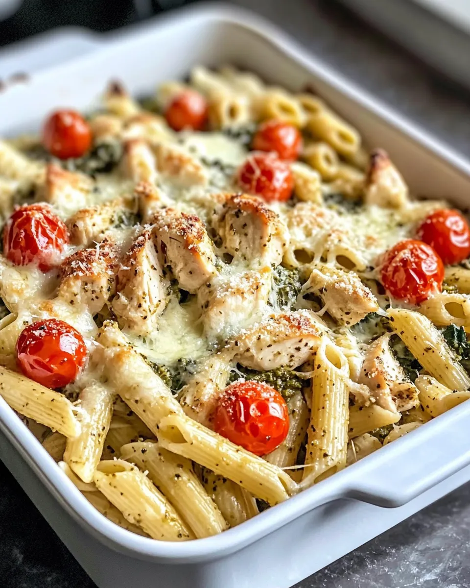 Delicious Creamy Pesto Chicken Pasta Bake food shot
