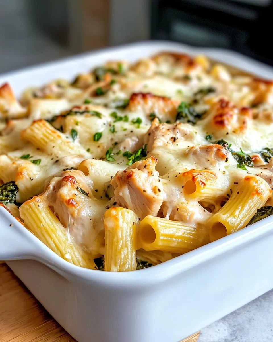 Classic Creamy Pesto Chicken Rigatoni Casserole dish photo