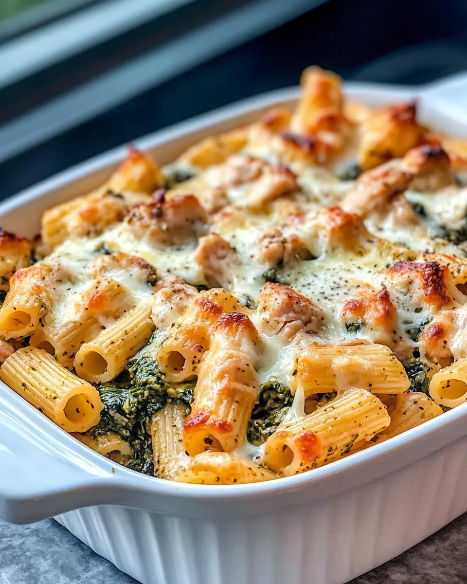 Easy Creamy Pesto Chicken Rigatoni Casserole food shot