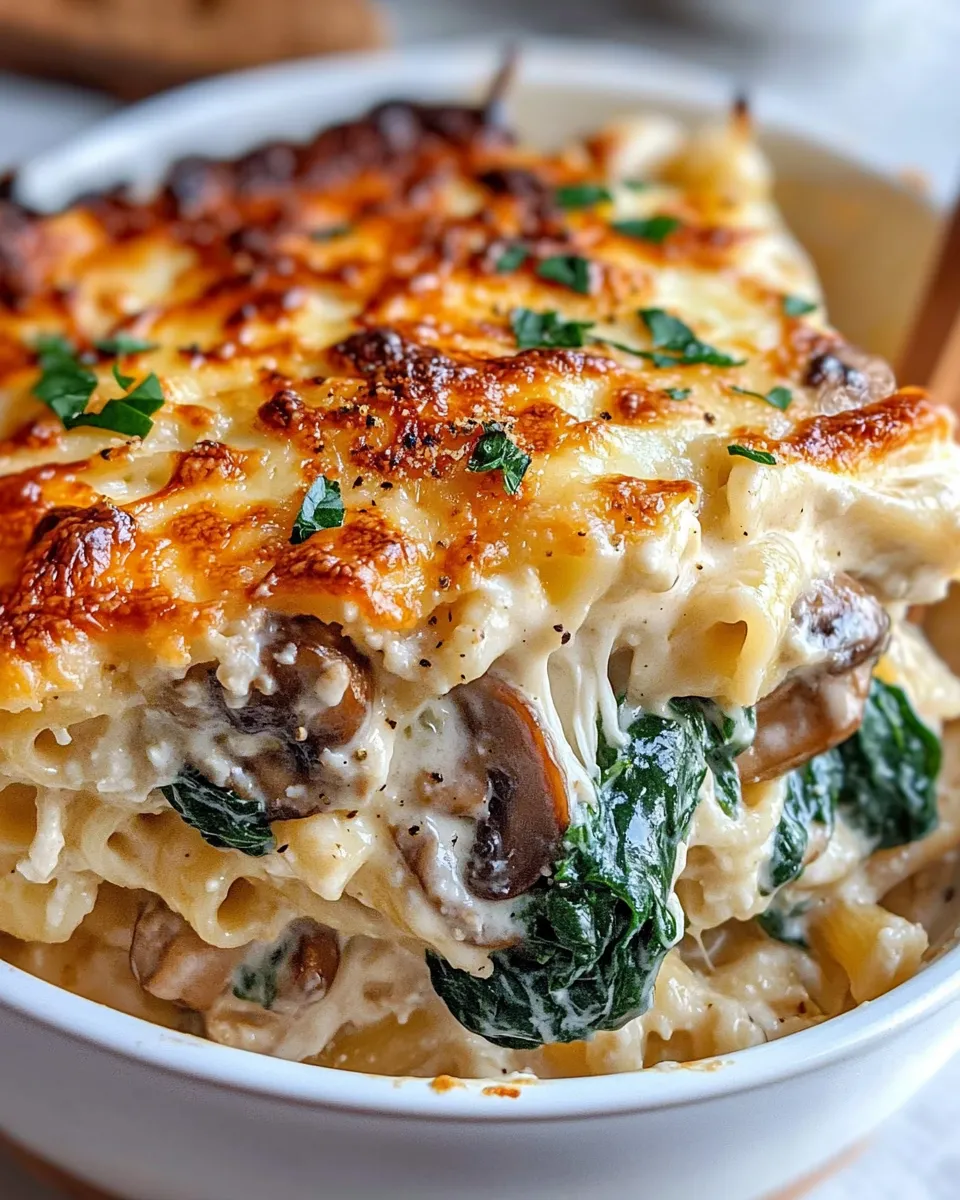 Easy Creamy Spinach & Mushroom Pasta Casserole food shot