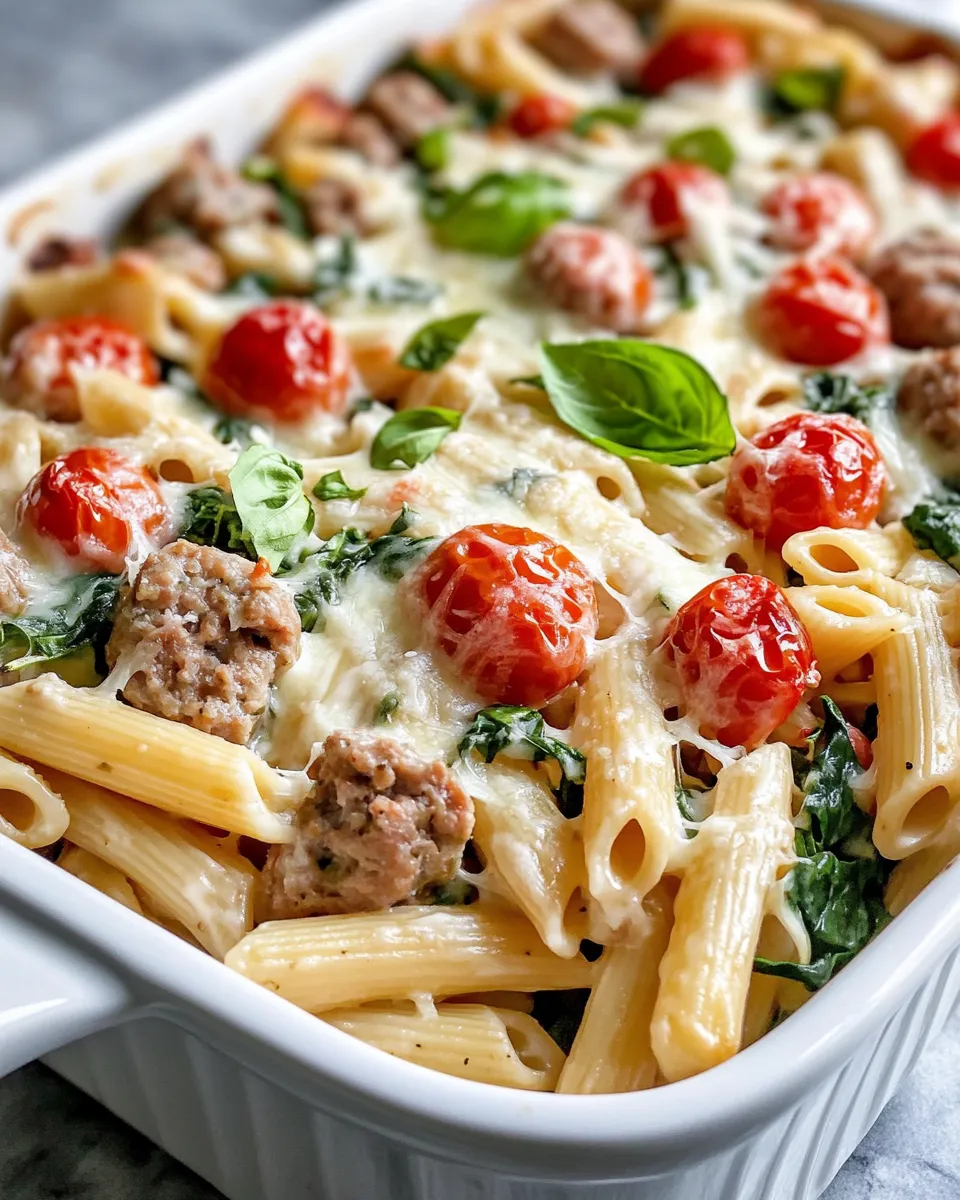 Easy Creamy Tuscan Sausage Pasta Bake food shot
