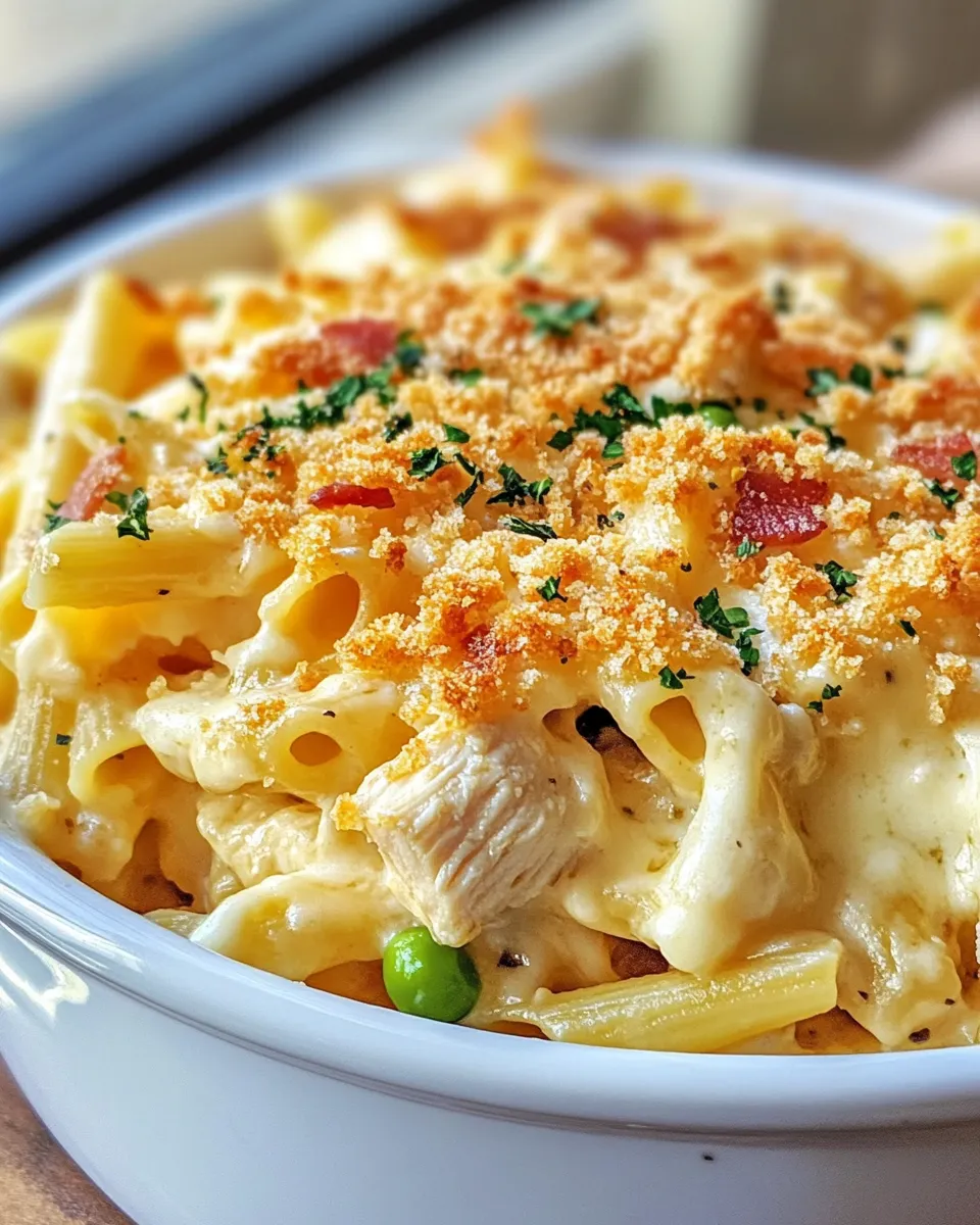 Delicious Creamy White Cheddar Chicken Pasta Casserole food shot