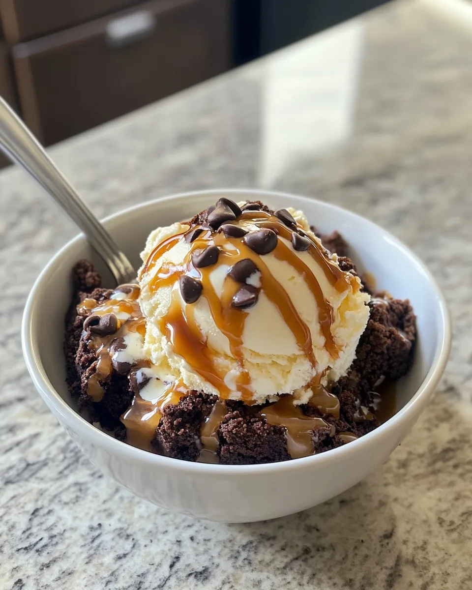 Delicious Espresso Caramel Brownie Sundaes food shot