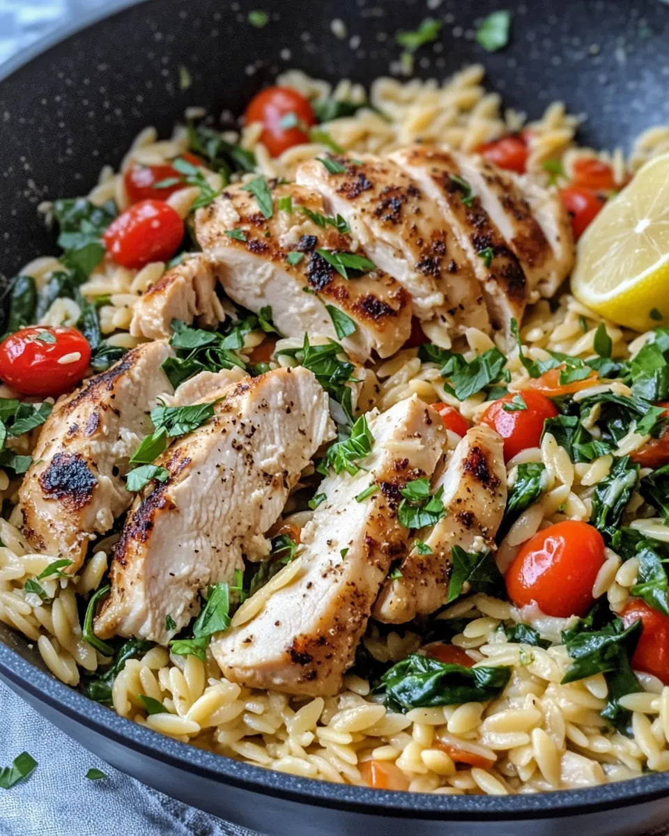 Delicious Garlic Lemon Chicken Orzo Skillet photo