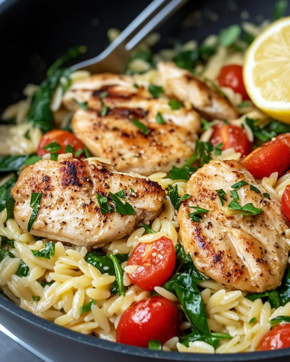 Healthy Garlic Lemon Chicken Orzo Skillet dish photo
