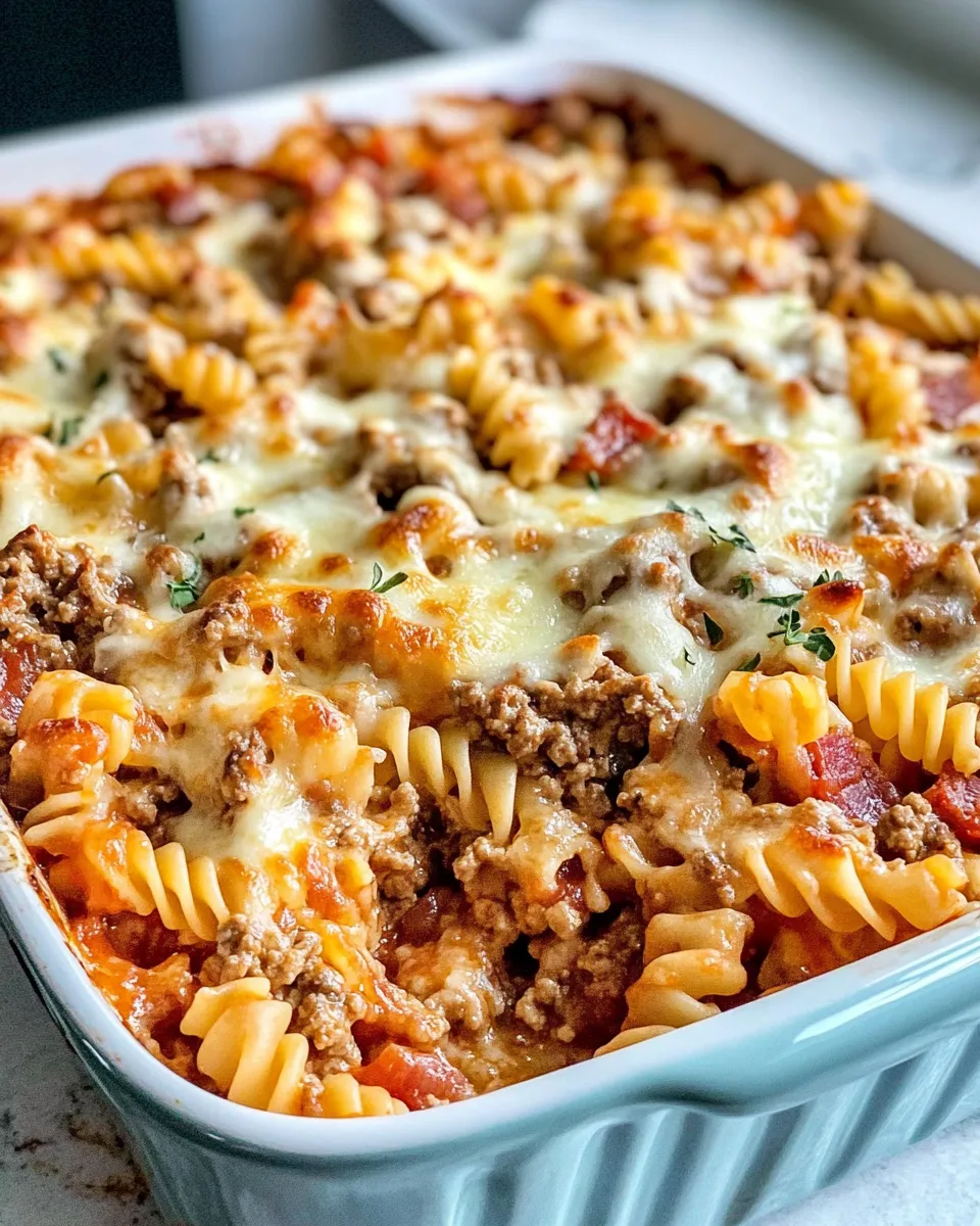 Easy Loaded Beefy Rotini Pasta Bake food shot