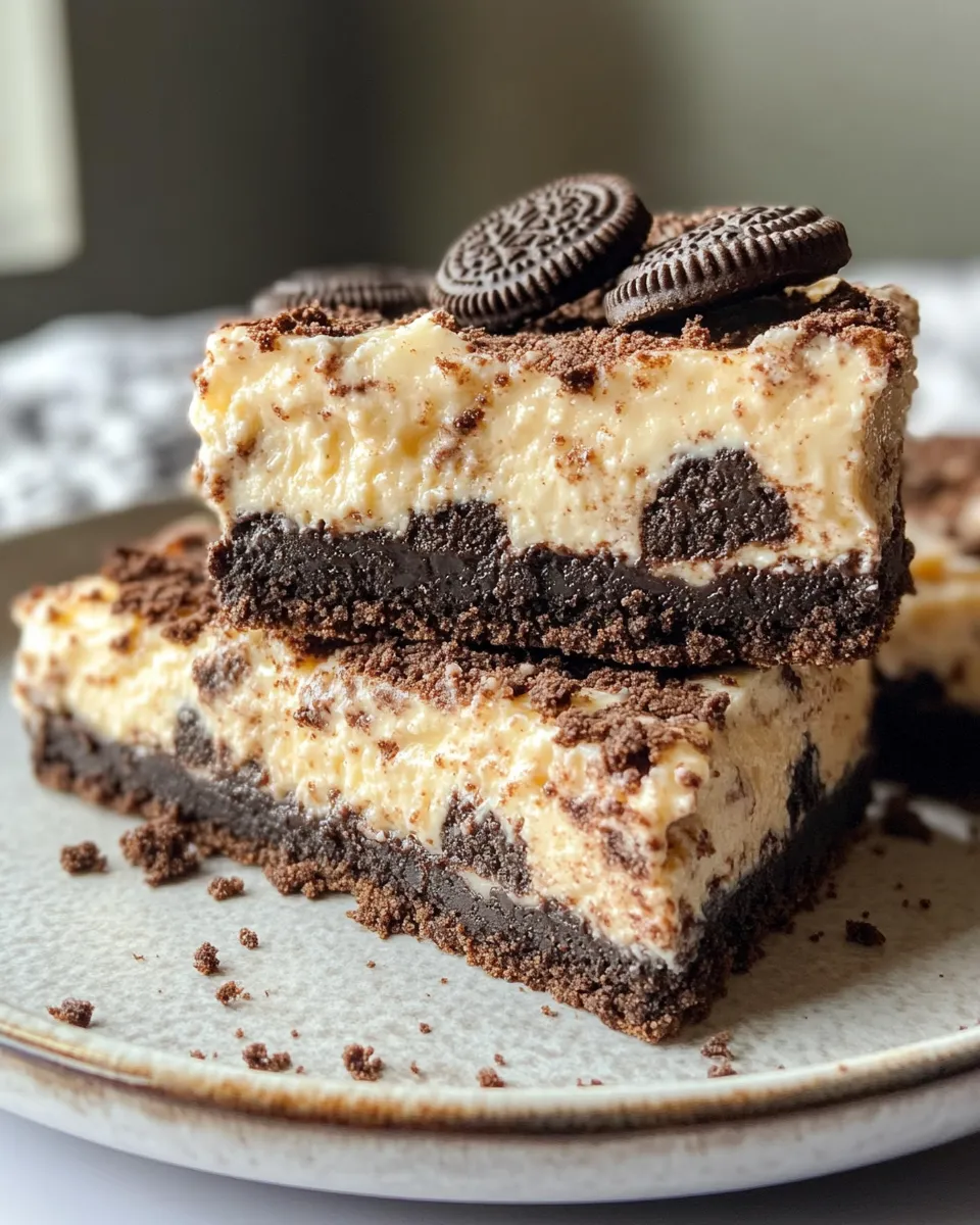 Delicious Oreo Swirl Cheesecake Bars food shot