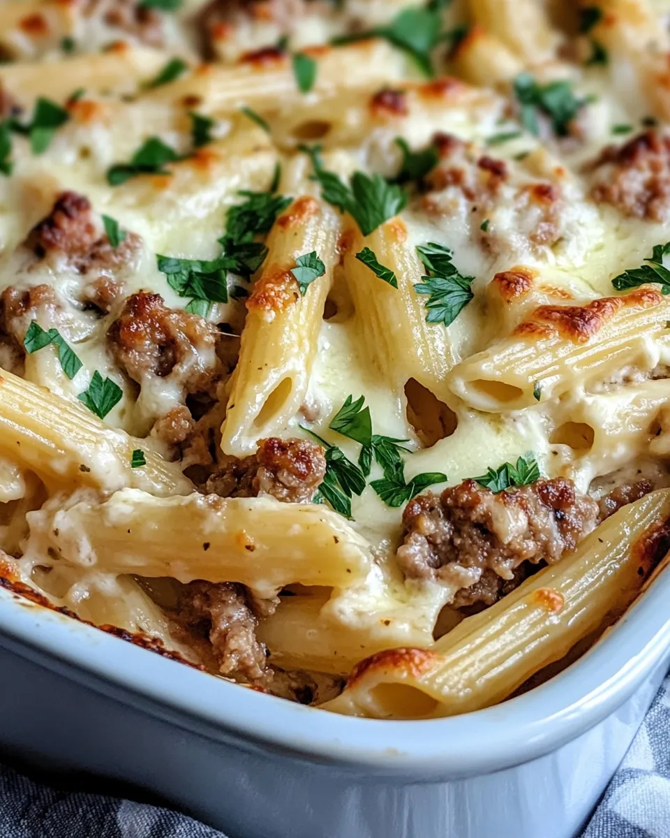 Easy Sausage Alfredo Baked Penne food shot