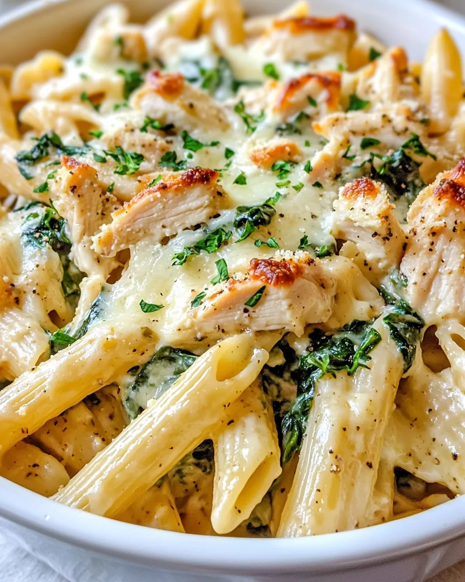 Easy Spinach & Artichoke Chicken Pasta Bake food shot
