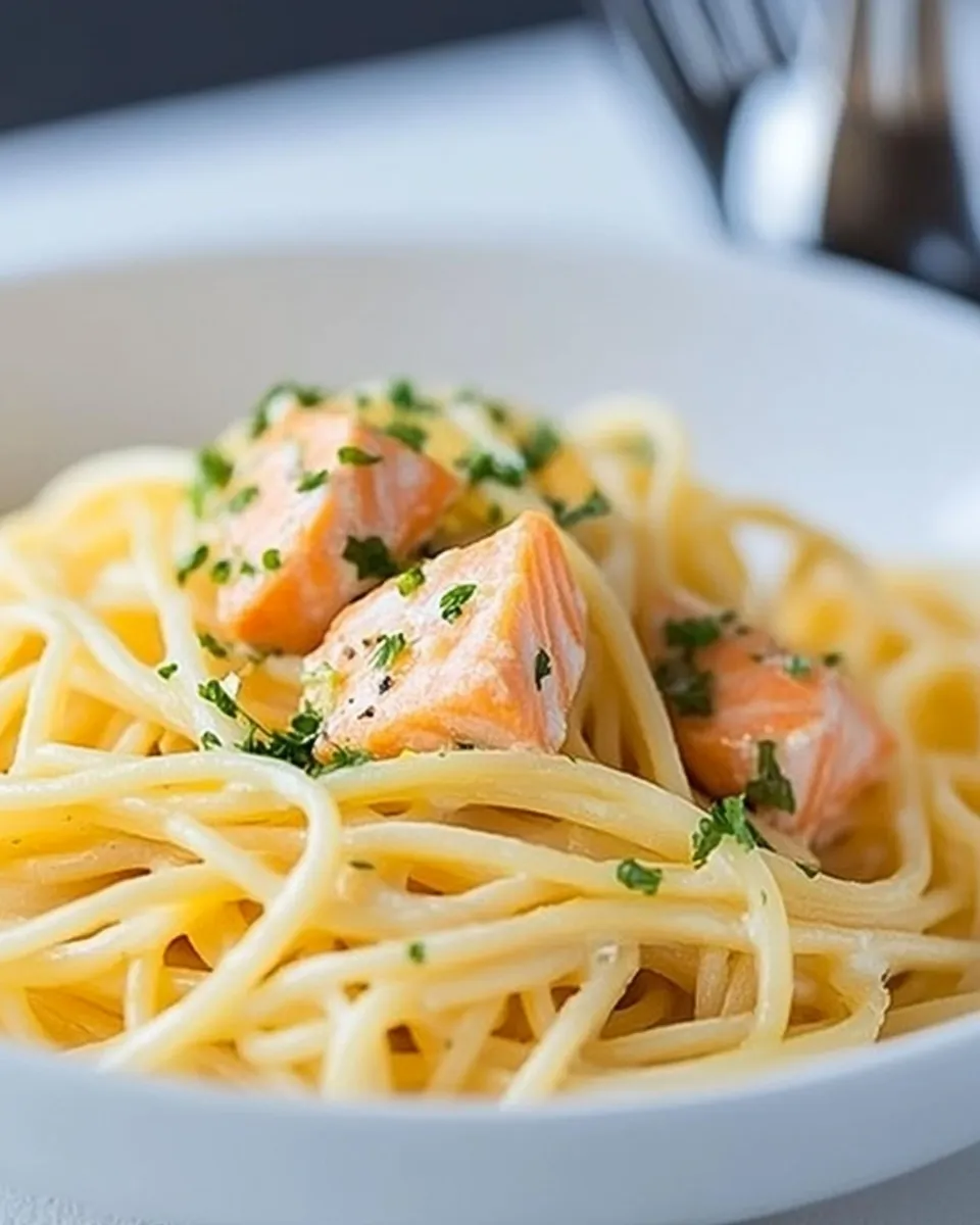 Quick Creamy Lemon Salmon Pasta dish photo