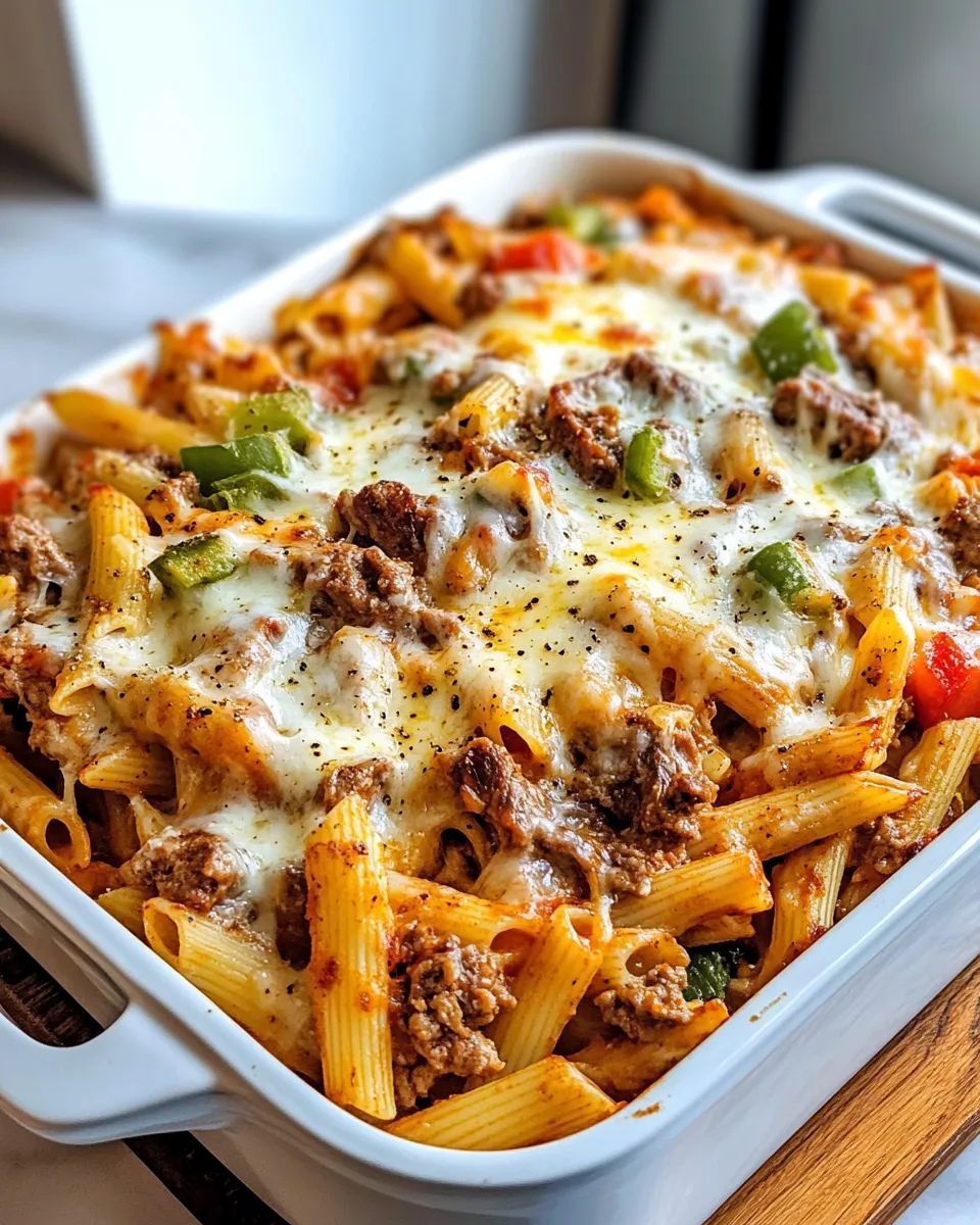 Easy Philly Cheesesteak Pasta Casserole food shot