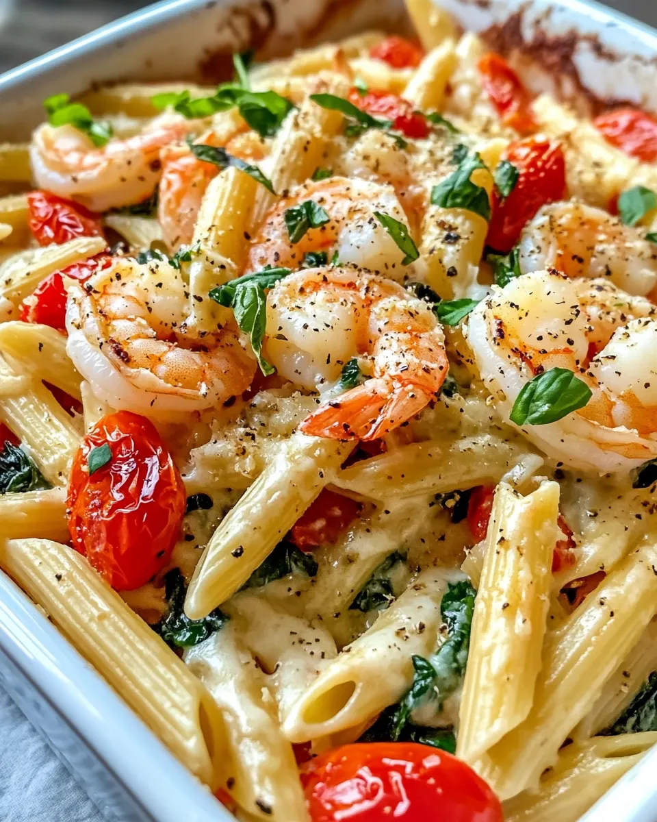 Easy Roasted Garlic Shrimp Penne Bake food shot