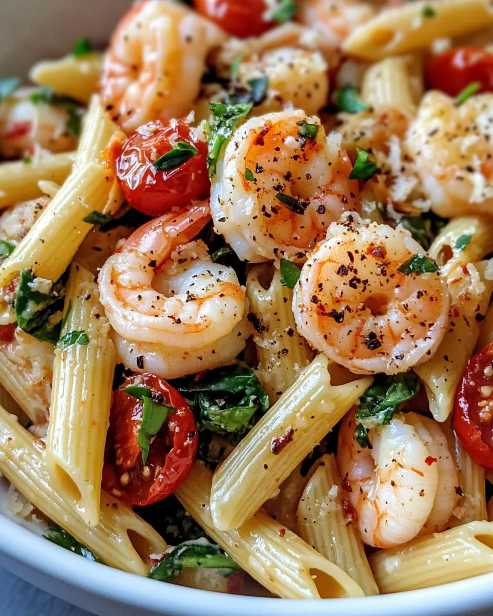 Delicious Roasted Garlic Shrimp Penne Bake plate image