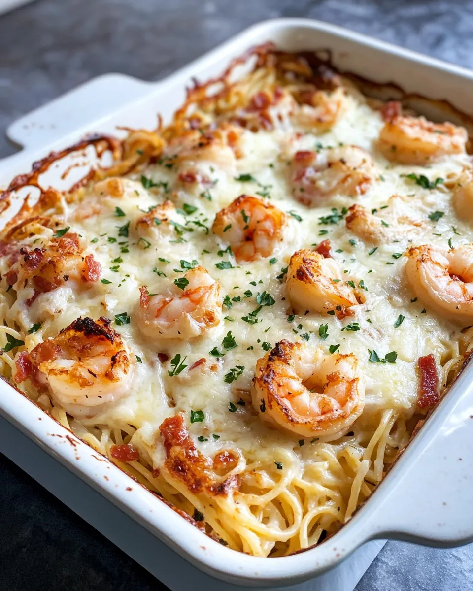 Delicious Shrimp Carbonara Pasta Casserole dish photo
