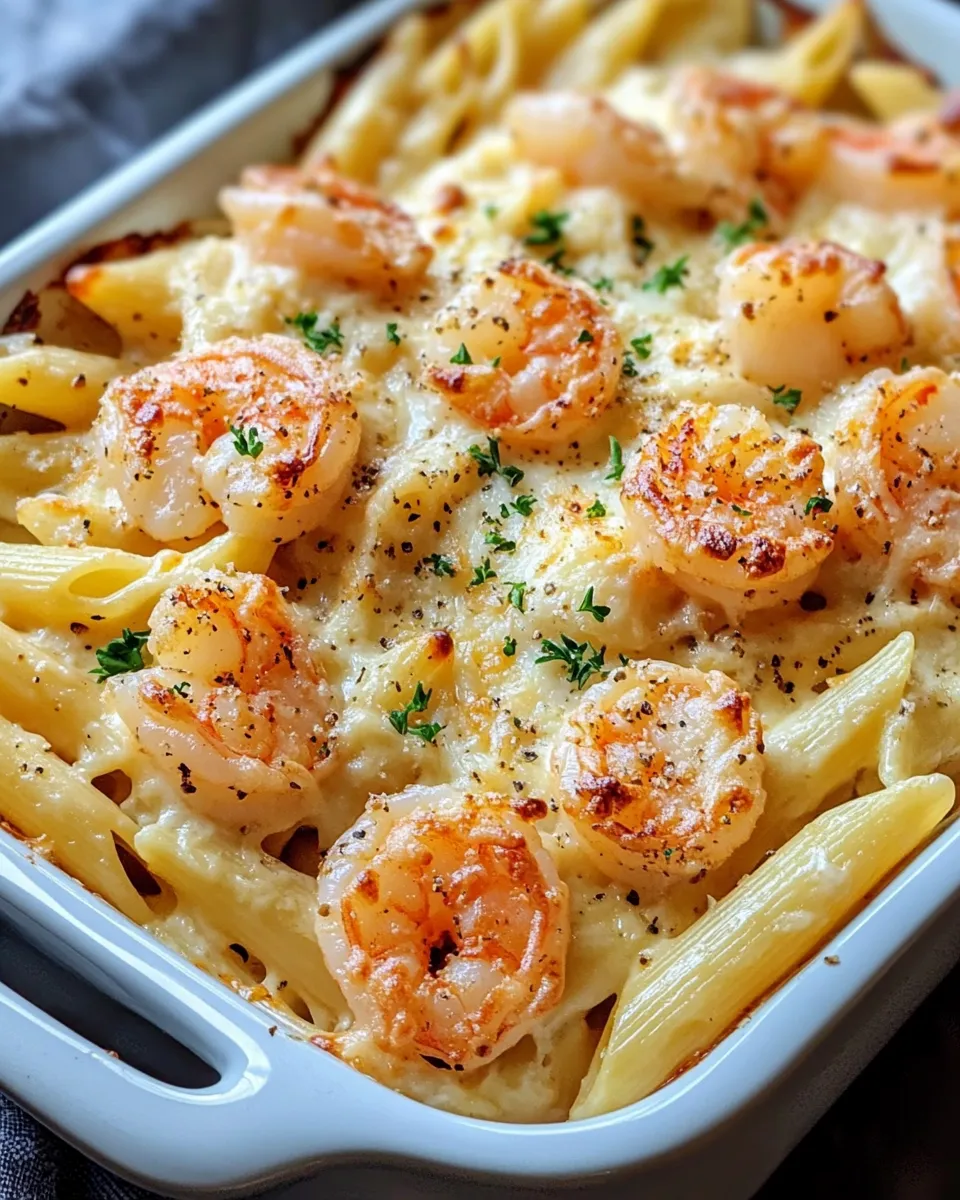Easy Shrimp Scampi Alfredo Pasta Bake food shot