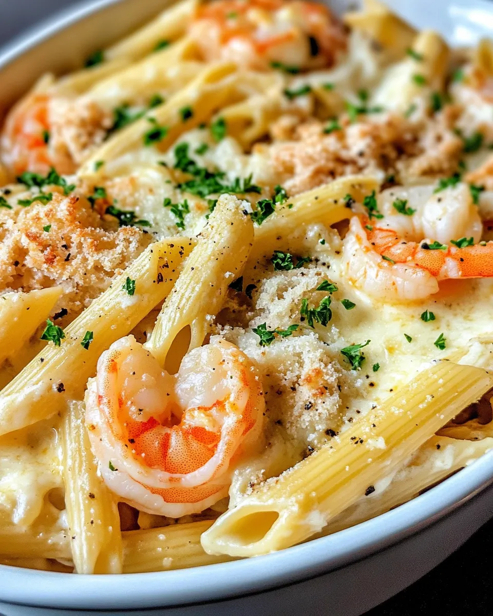 Easy Shrimp and Crab Alfredo Pasta Bake food shot