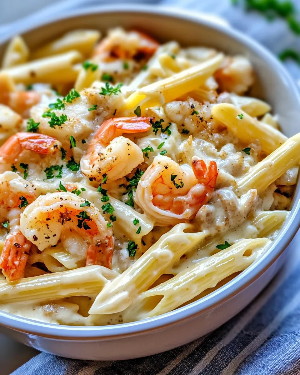 Delicious Shrimp and Crab Alfredo Pasta Bake image