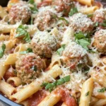 Homemade Skillet Baked Meatball Parmesan Pasta photo
