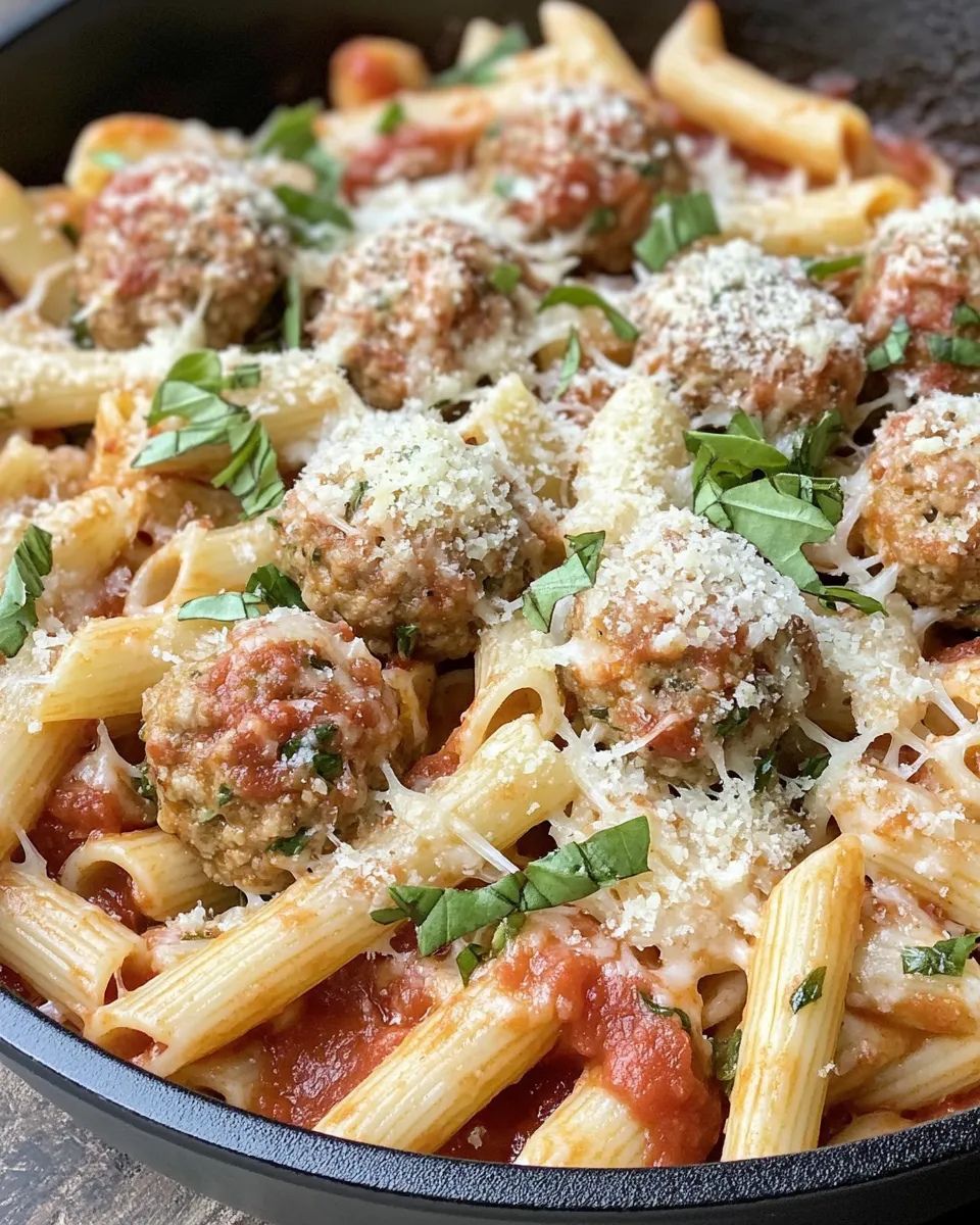 Homemade Skillet Baked Meatball Parmesan Pasta photo