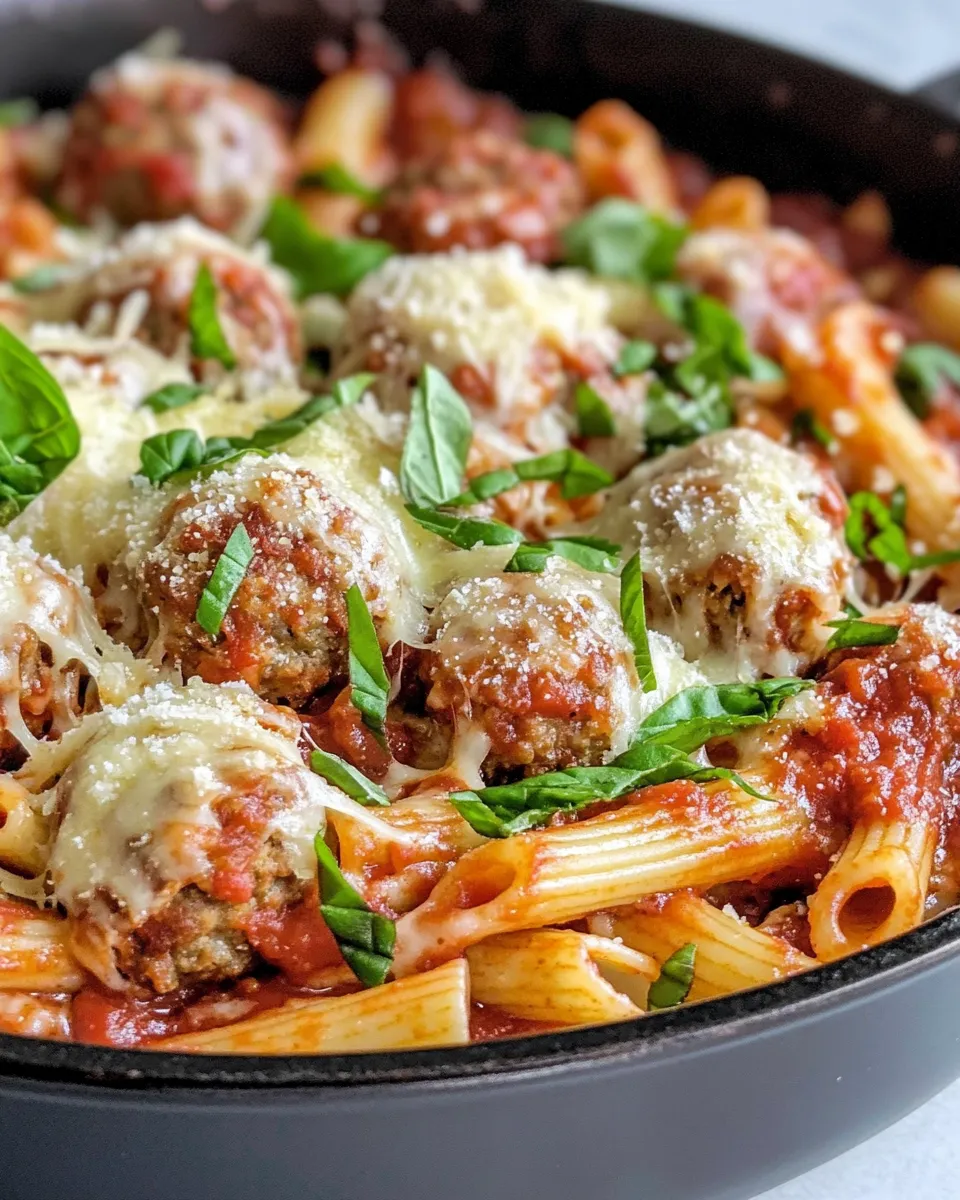 Delicious Skillet Baked Meatball Parmesan Pasta dish photo