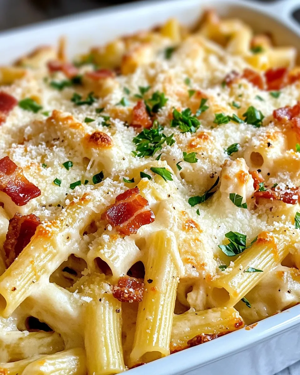 Easy Smothered Chicken Alfredo Pasta Bake food shot