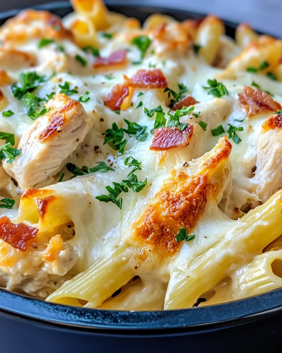 Delicious Smothered Chicken Alfredo Pasta Bake plate image