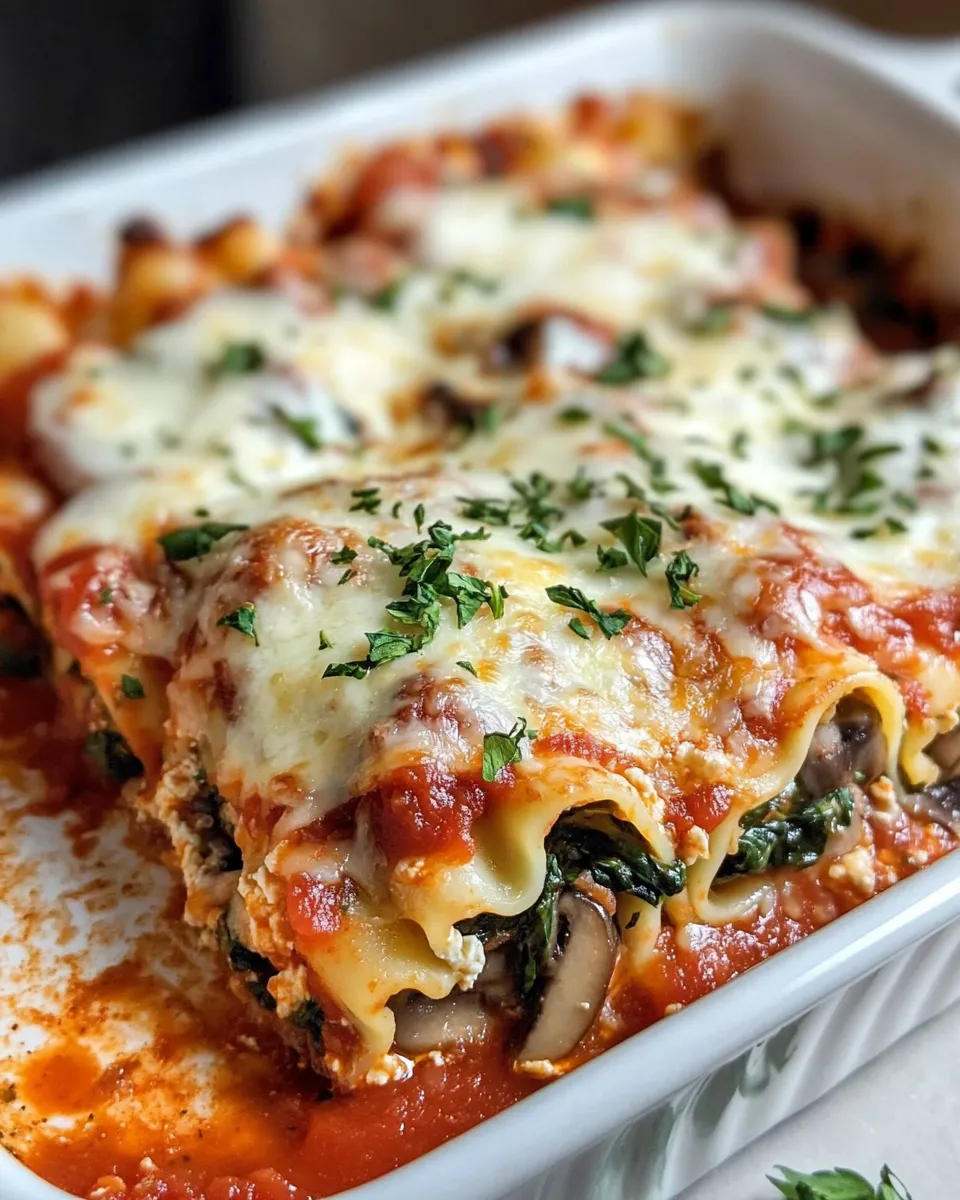 Delicious Spinach Mushroom Lasagna Roll Bake food shot