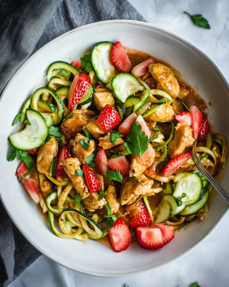 Delicious Strawberry-Rhubarb Chicken Stir-Fry With Orange Sauce And Zucchini Noodles image