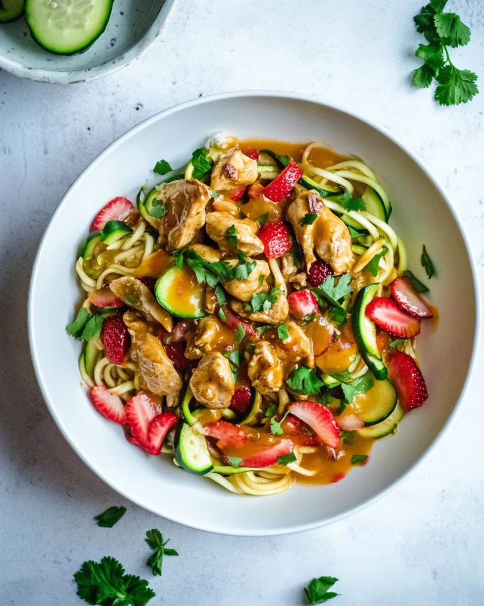 Healthy Strawberry-Rhubarb Chicken Stir-Fry With Orange Sauce And Zucchini Noodles recipe photo