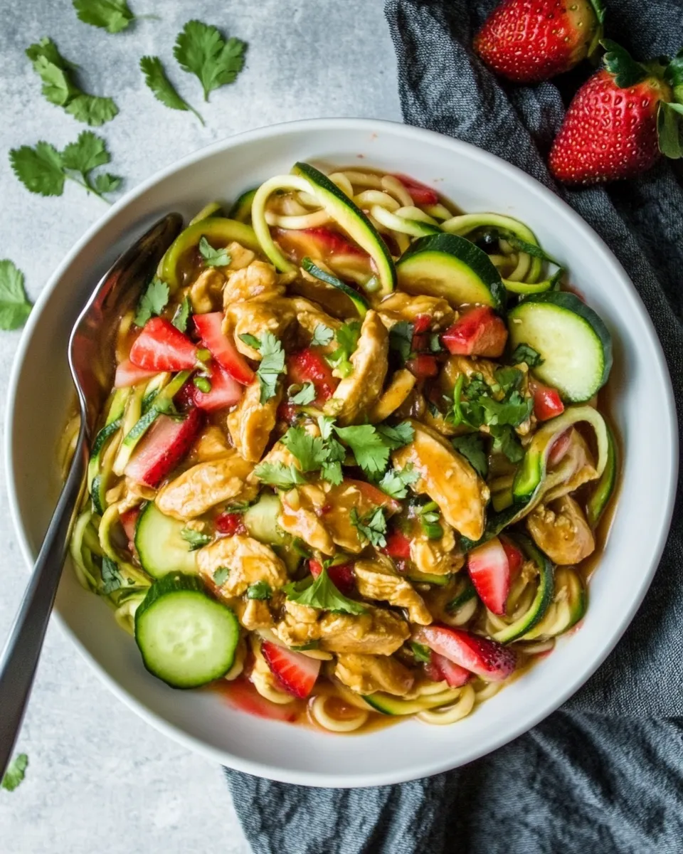 Quick Strawberry-Rhubarb Chicken Stir-Fry With Orange Sauce And Zucchini Noodles dish photo
